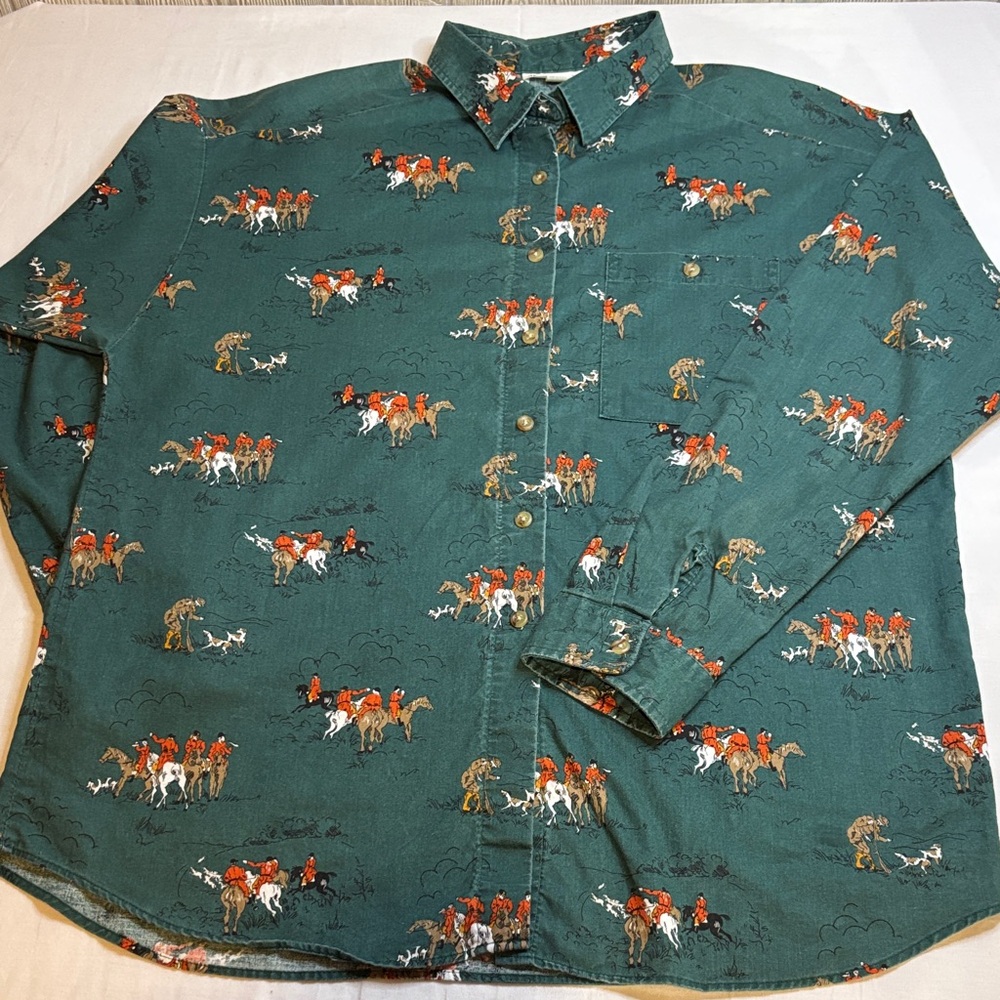 Vintage Men's Green Equestrian Print Button Down Long Sleeve Western Shirt